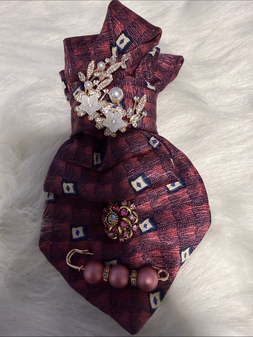 Elegant Plum Patterned Women’s  Junk Tie with Pearl & Crystal Accents